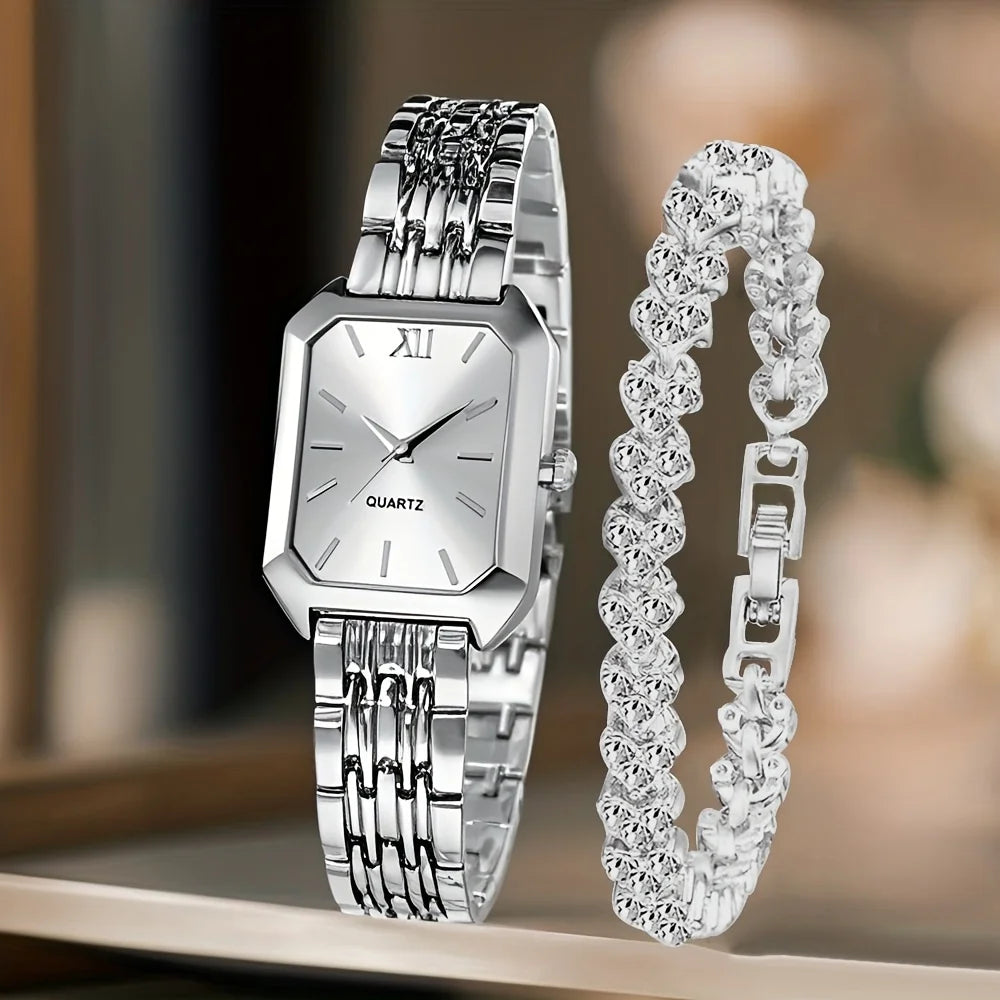 Conjunto Reloj y Pulsera Plateado con Cristales