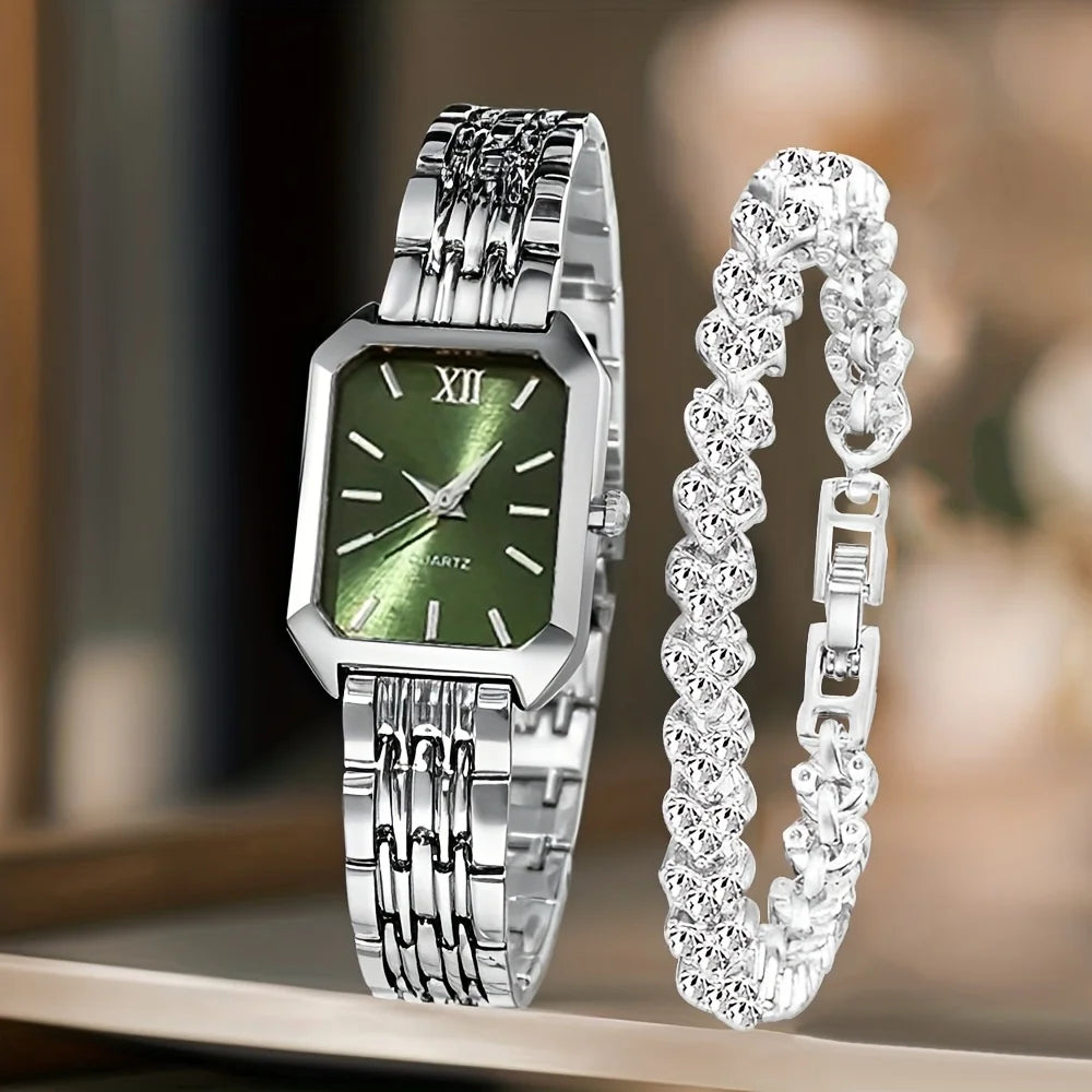 Conjunto Reloj y Pulsera Plateado con Cristales