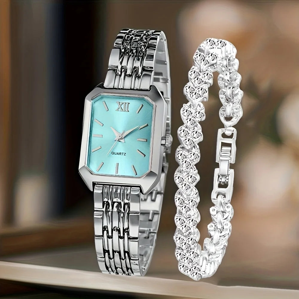 Conjunto Reloj y Pulsera Plateado con Cristales