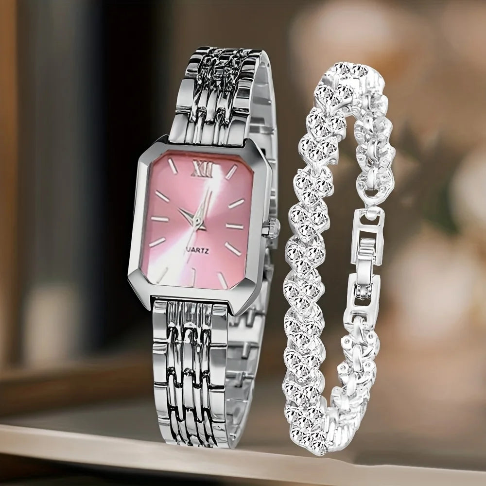 Conjunto Reloj y Pulsera Plateado con Cristales