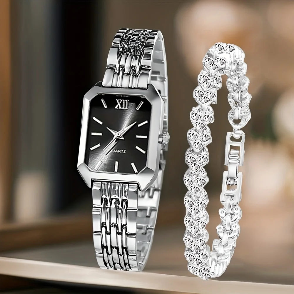 Conjunto Reloj y Pulsera Plateado con Cristales